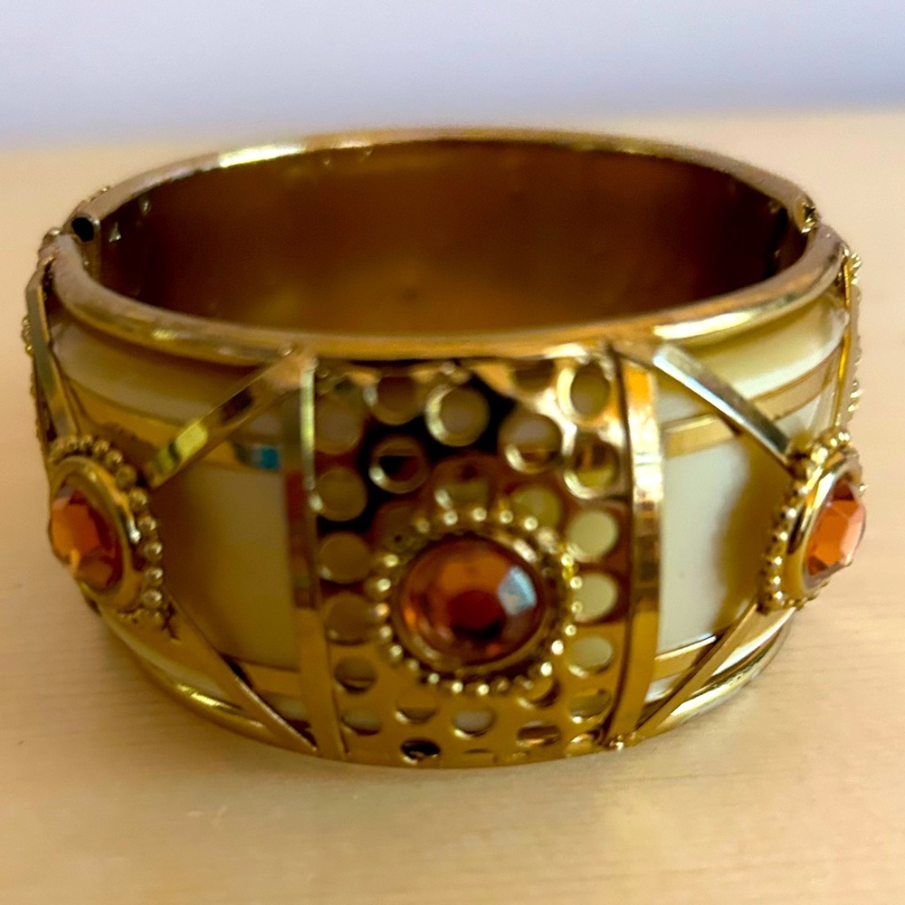 New Clic Gold Tone  Clamper Bracelet - Orange/Gold caramel tan beige cream